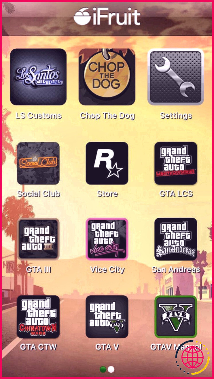 L'écran d'accueil de l'application iOS Grand Theft Auto: iFruit.