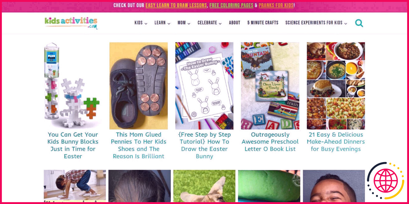 Une capture d'écran de la page d'accueil du blog d'activités pour enfants