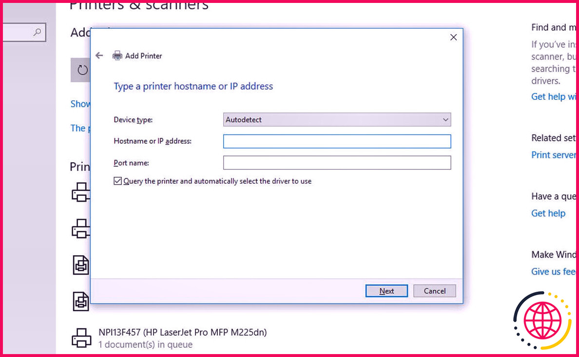 Ajouter une imprimante par adresse TCP/IP