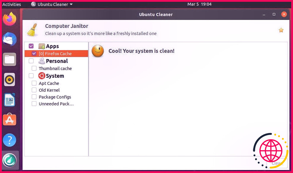 Capture d'écran de la fenêtre d'Ubuntu Cleaner sur Ubuntu