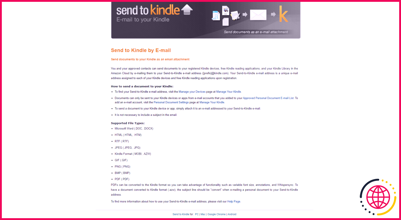 Capture d'écran de la page Web Envoyer vers Kindle