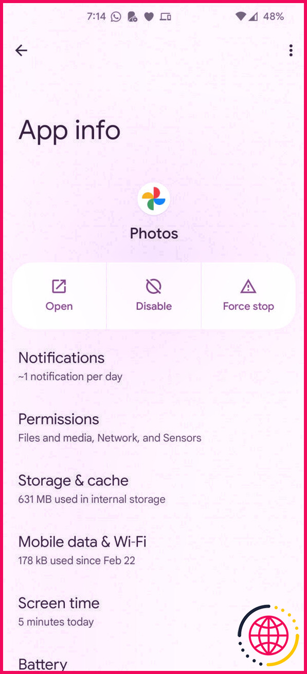 Informations sur l'application Google Photos avec options