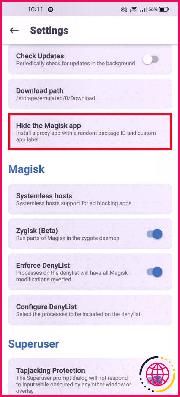 Masquer l'option d'application Magisk dans Magisk