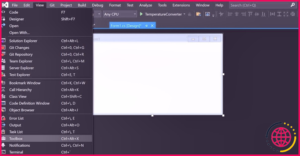 Ouverture de l'onglet Affichage dans Visual Studio pour afficher la barre d'outils