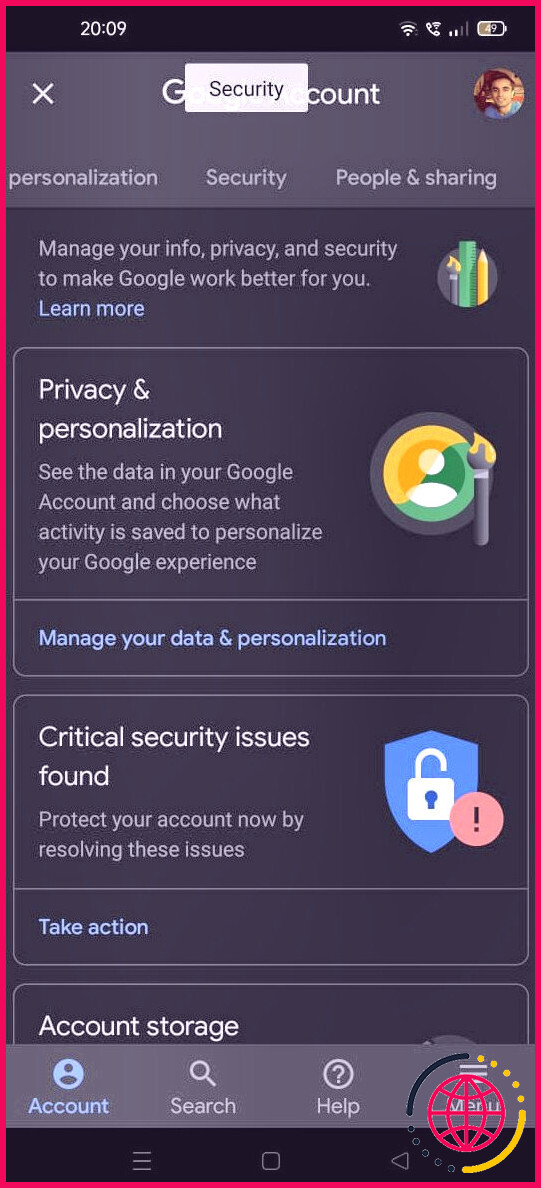 section de sécurité google dans android