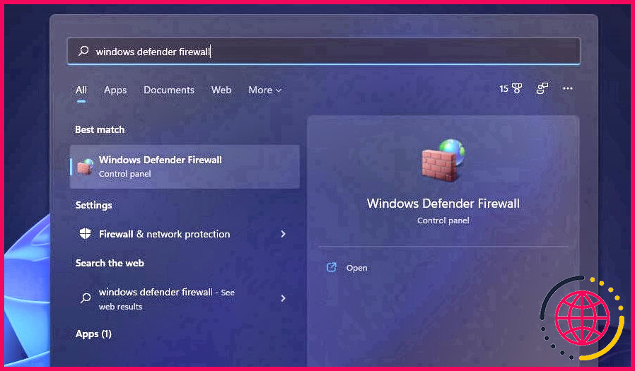 Une recherche du pare-feu Windows Defender 