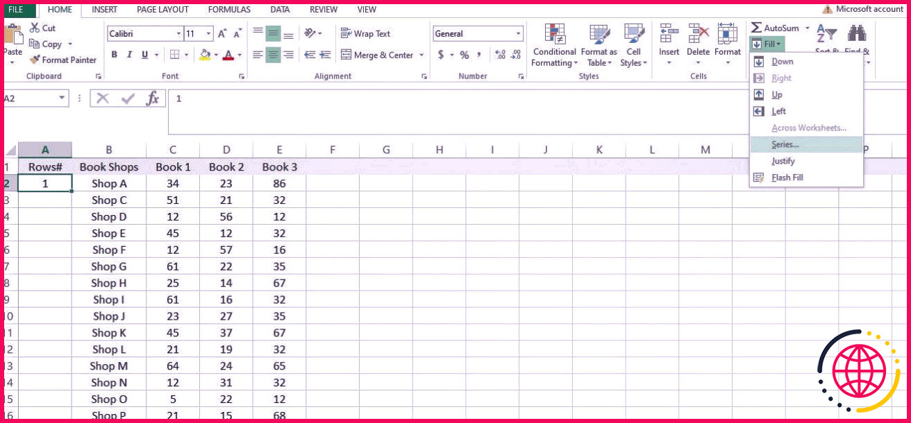 Ajout d'une série de remplissage dans la liste déroulante de remplissage du groupe d'édition de l'onglet Accueil dans Microsoft Excel