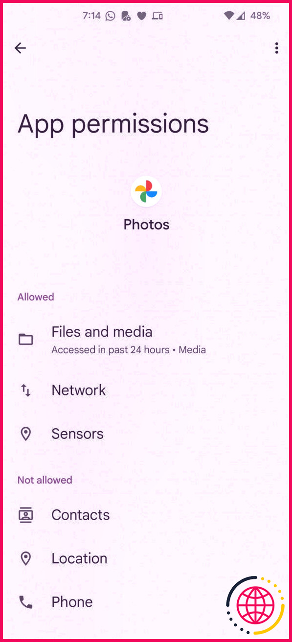 Autorisations réseau pour Google Photos
