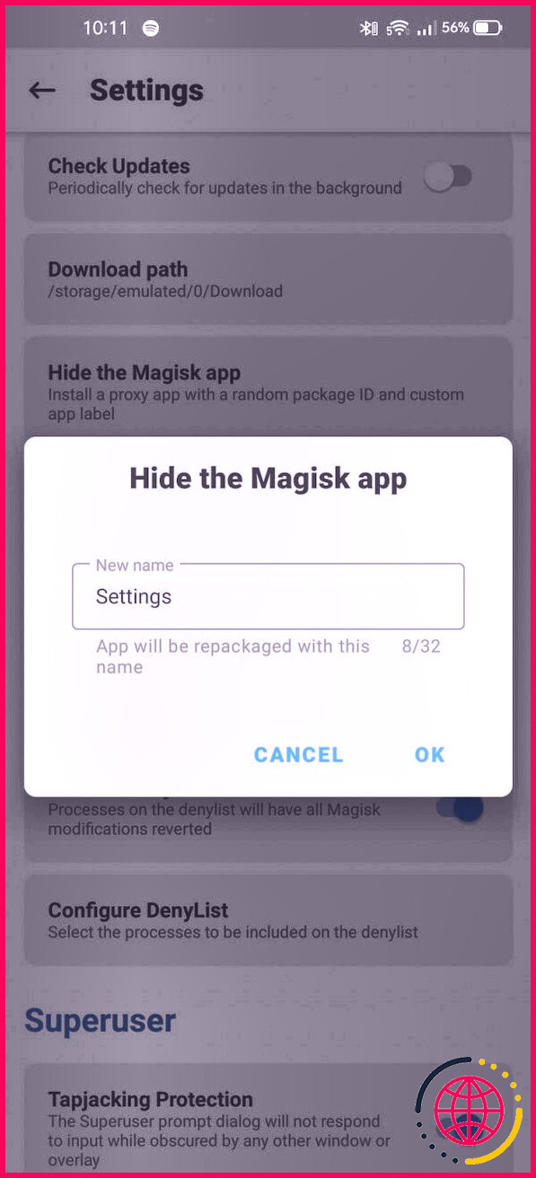 Cacher l'application Magisk dans Android