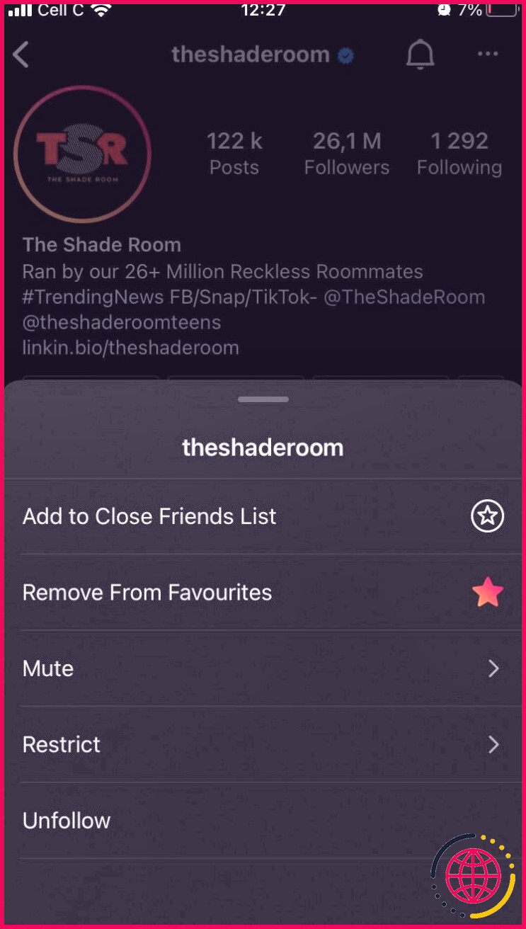 capture d'écran montrant l'option pour supprimer theshaderoom de la liste des favoris sur instagram