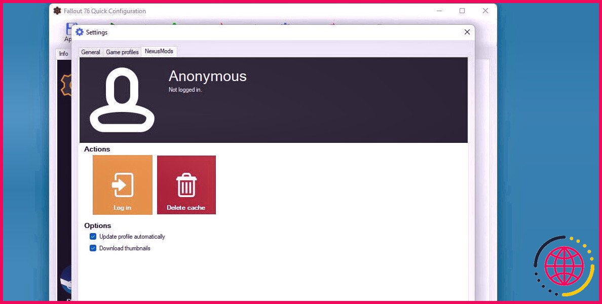 fallout 76 page de connexion à la configuration rapide du nexus