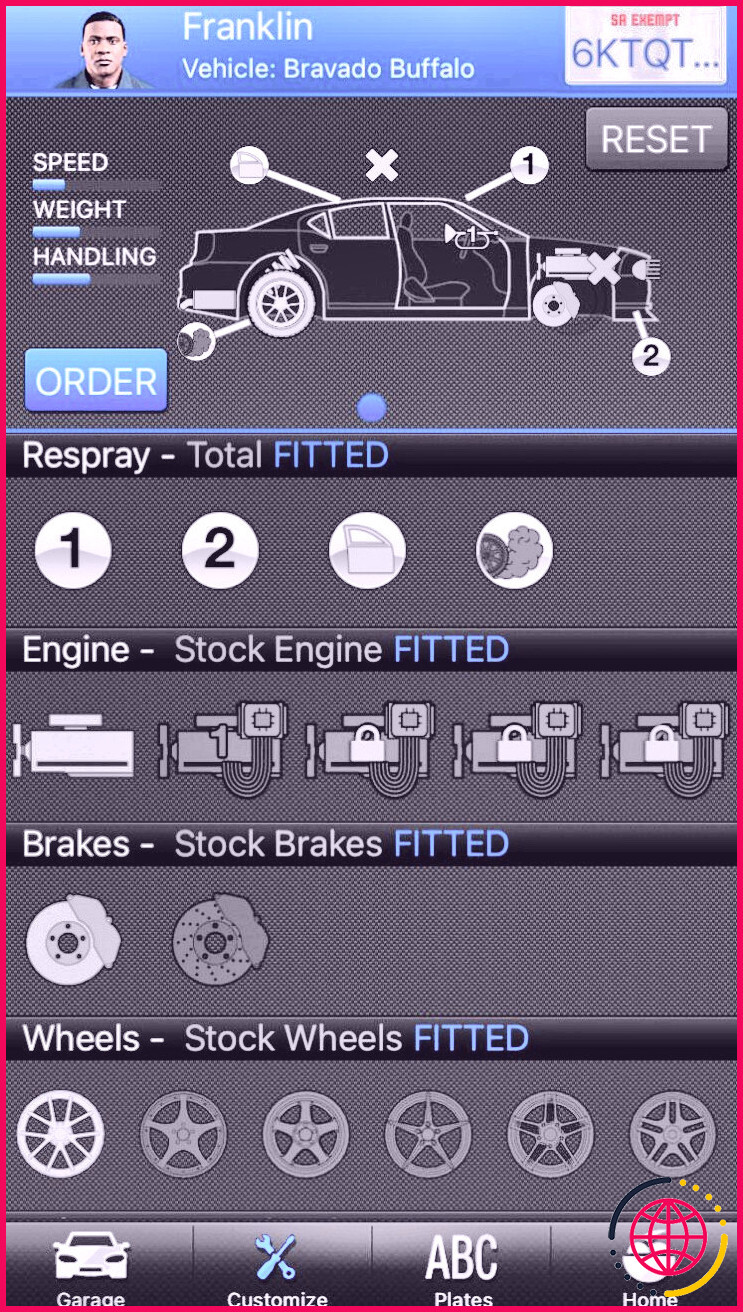 L'onglet de personnalisation du véhicule sur l'application iOS Grand Theft Auto: iFruit.