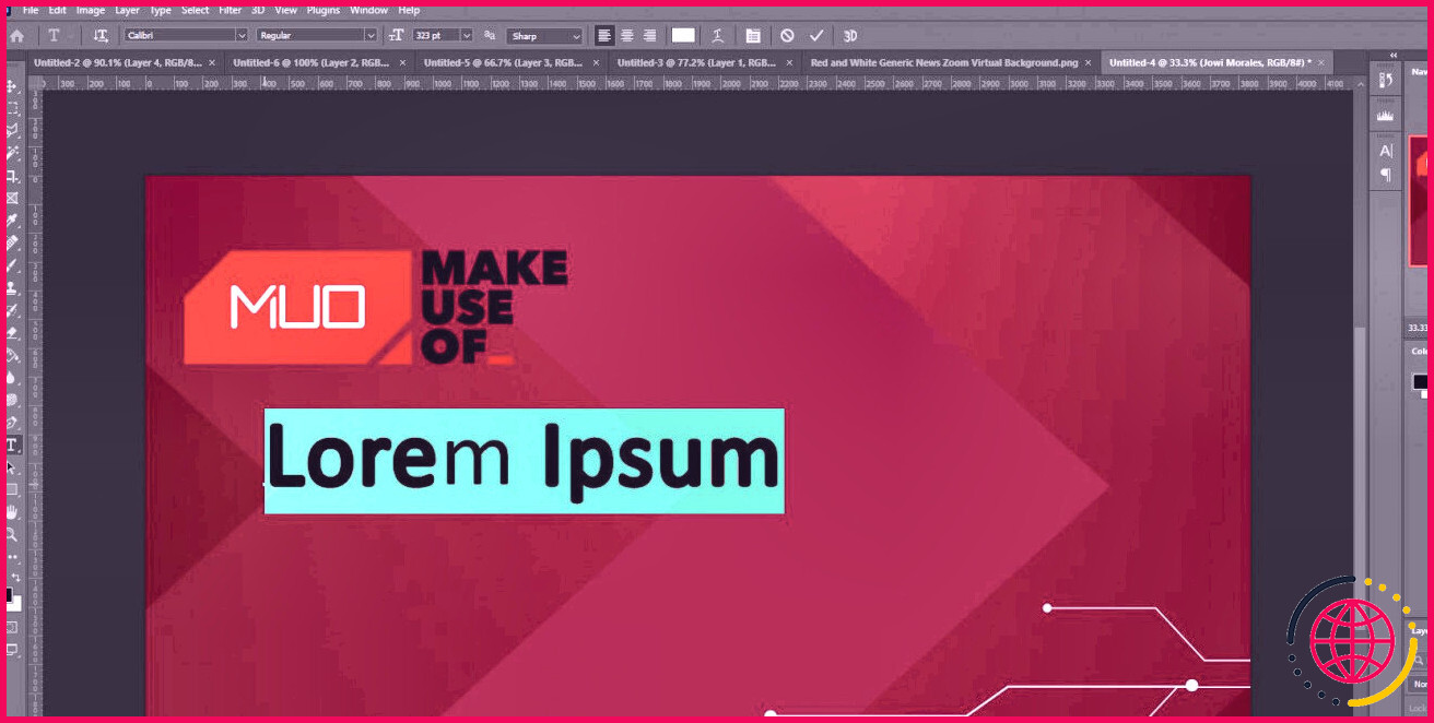 Lorem Ipsum vu sur la saisie de texte dans Adobe Photoshop