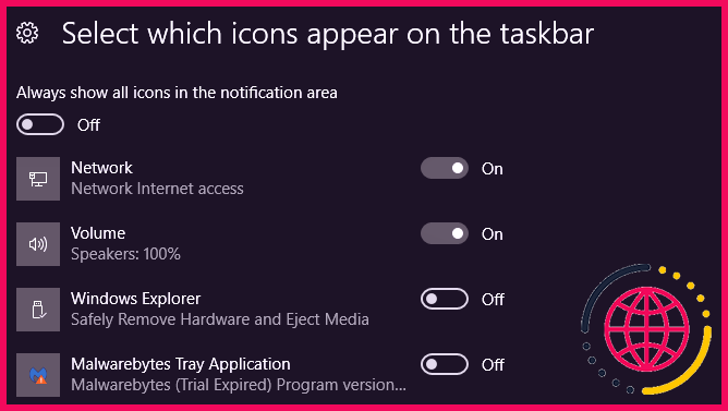 Options de la barre d'état système de la barre des tâches de Windows 10