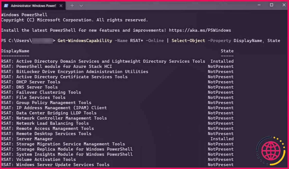 Utilisation du terminal Windows pour afficher la liste des fonctionnalités RSAT installées.