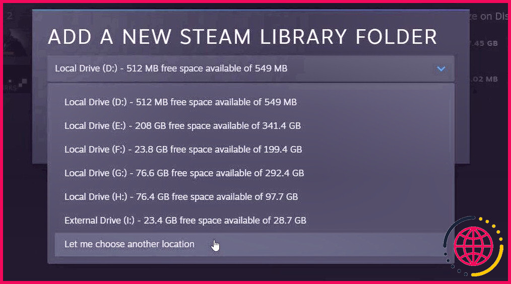 ajouter une nouvelle bibliothèque steam choisir l'emplacement