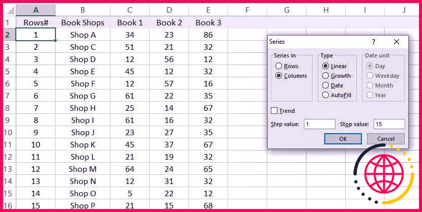 Remplissage des données dans la fenêtre Fill Series pour numéroter les lignes dans Microsoft Excel