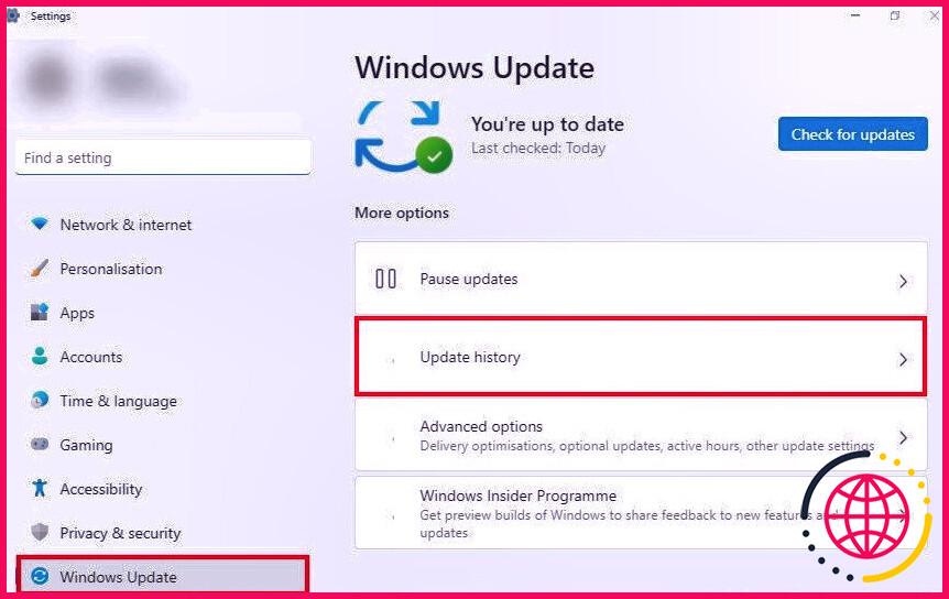 deux cases mettant en évidence Windows Update et l'historique des mises à jour
