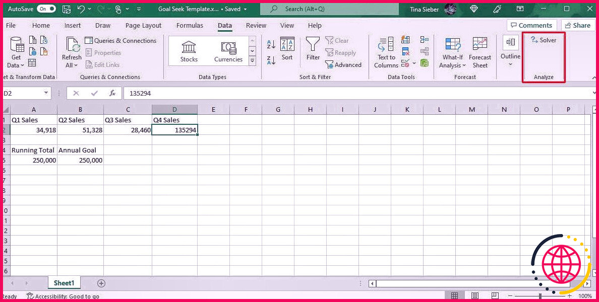Interface Excel avec outil d'analyse du solveur