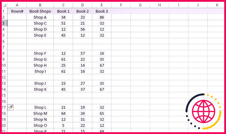 Nouvel ensemble de données avec de nombreuses lignes vides entre les deux dans Microsoft Excel