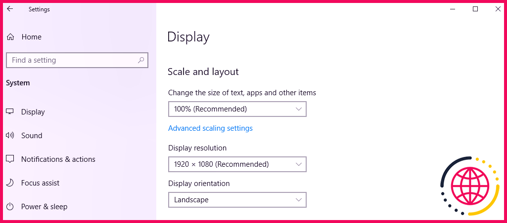 Options de mise à l'échelle de l'affichage de Windows 10