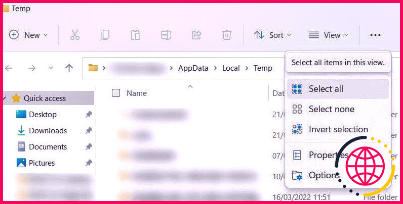 Sélectionner tout dans le menu de Windows 11.