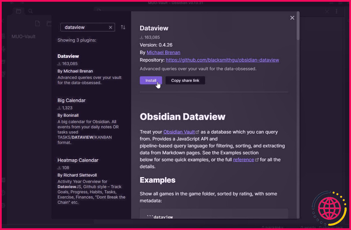 Obsidian Notes Database Installer le bouton du plug-in Dataview
