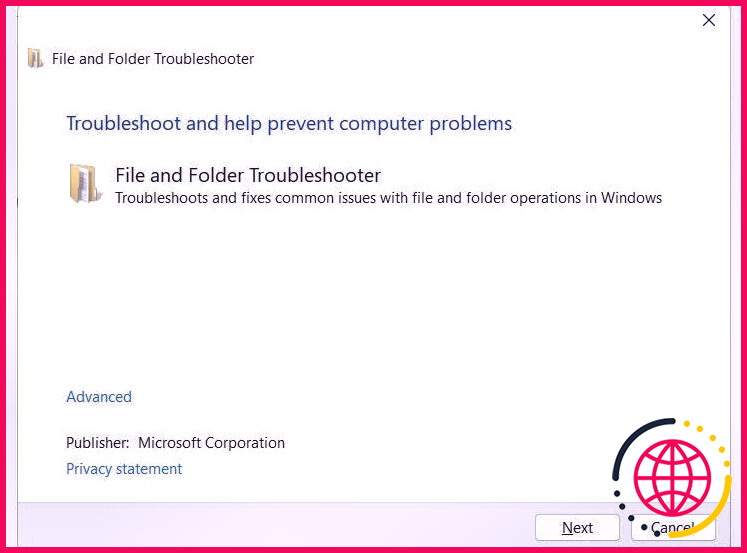 utilitaire de résolution des problèmes de fichiers et de dossiers dans Windows 11.