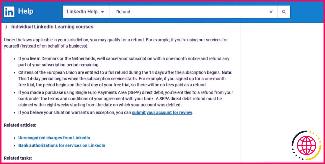 Capture d'écran de la page Politique de remboursement de LinkedIn.