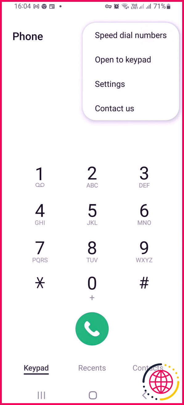 capture d'écran de l'écran du numéroteur Samsung