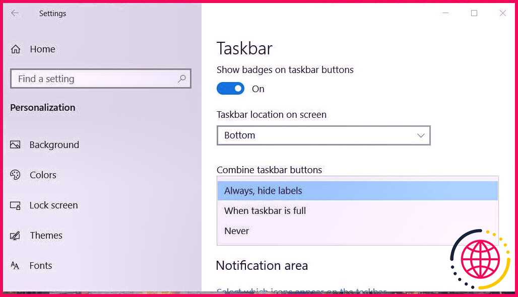Le menu déroulant Combiner les boutons de la barre des tâches dans Windows 10