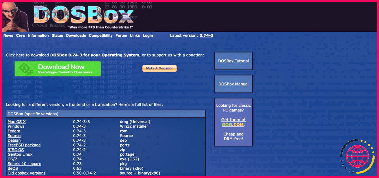 Page de téléchargement de DOSBox sur le site Web de DOSBox