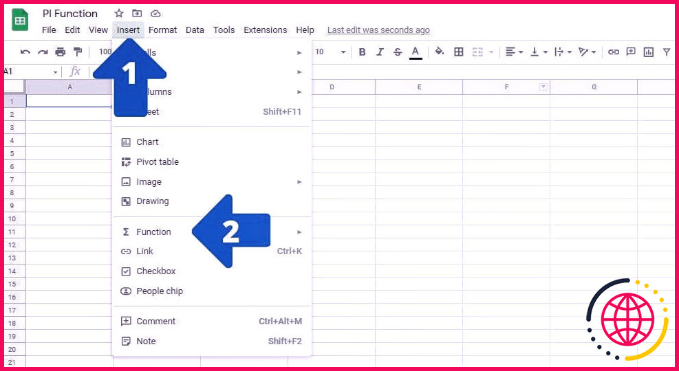 Une capture d'écran montrant comment accéder au menu des fonctions dans Google Sheets