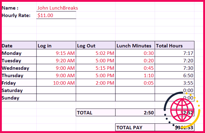 modèle de feuille de temps suivre les heures hebdomadaires avec les pauses déjeuner excel