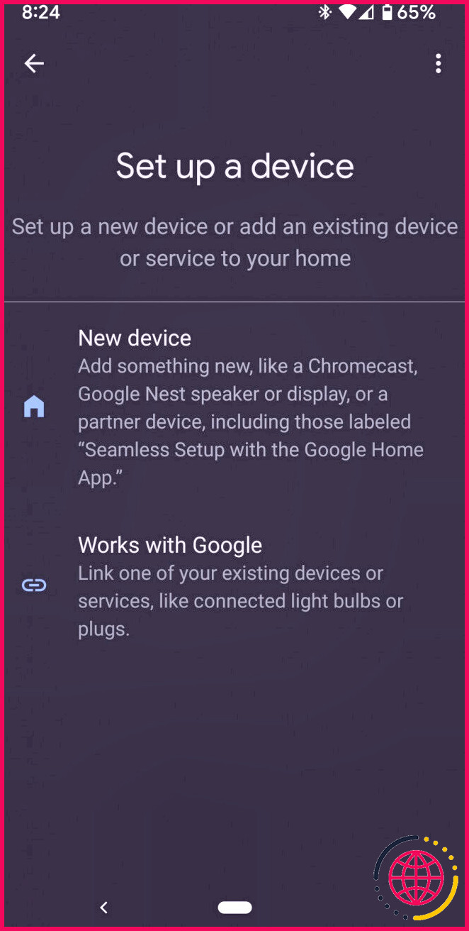 Écran Configurer un appareil sur l'application Google Home