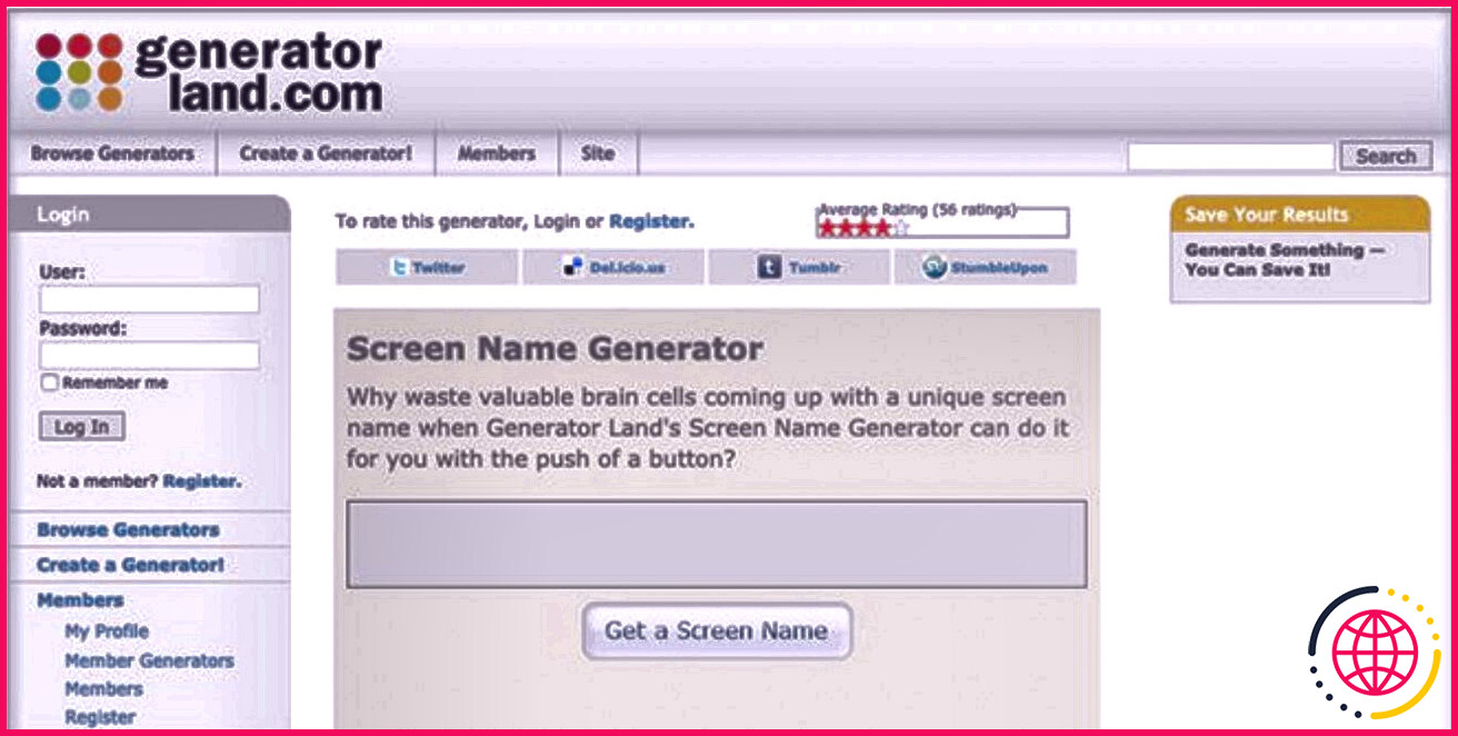 Générateur de nom d'écran sur le site Web de Generator Land