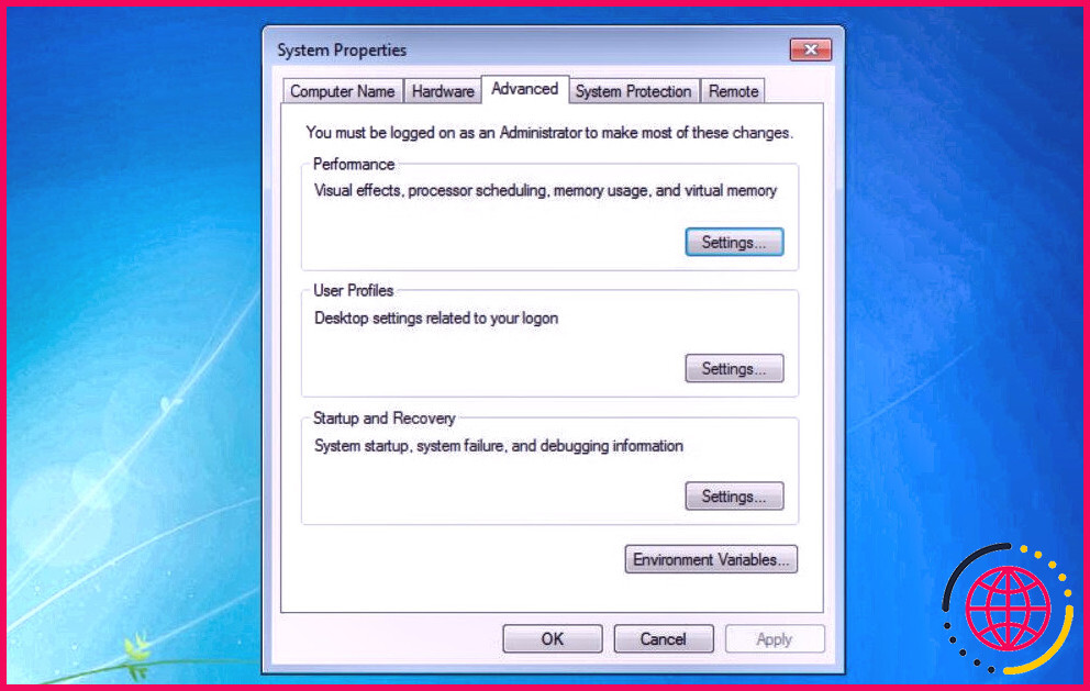 Onglet Avancé des Propriétés système dans Windows 7.