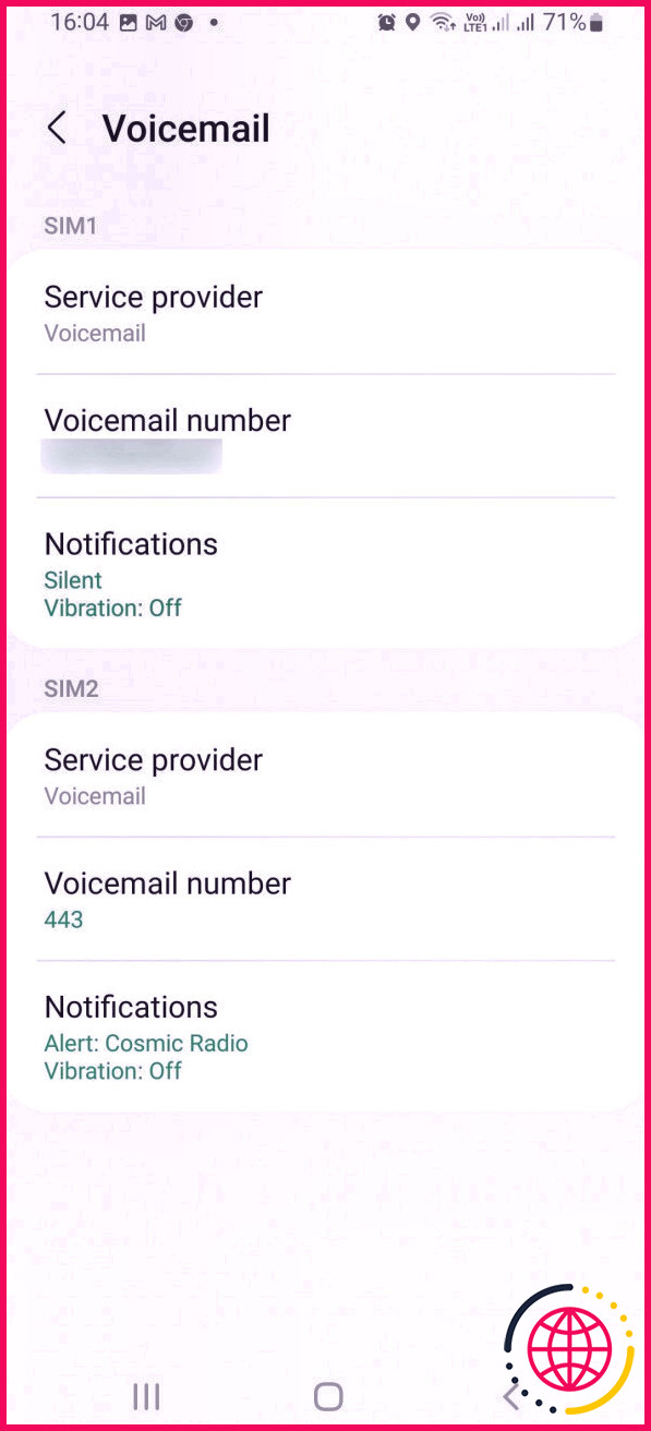 Samsung a configuré les informations de messagerie vocale