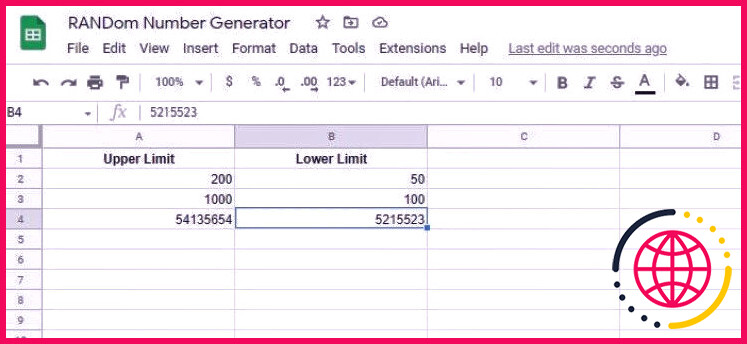 Une capture d'écran des exemples de données pour un générateur de nombres aléatoires dans Google Sheets