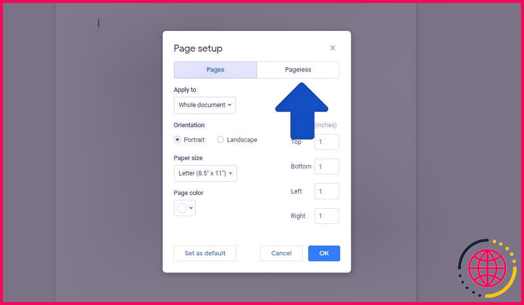 Une capture d'écran montrant le bouton sans page dans les options de configuration de la page dans Google Docs