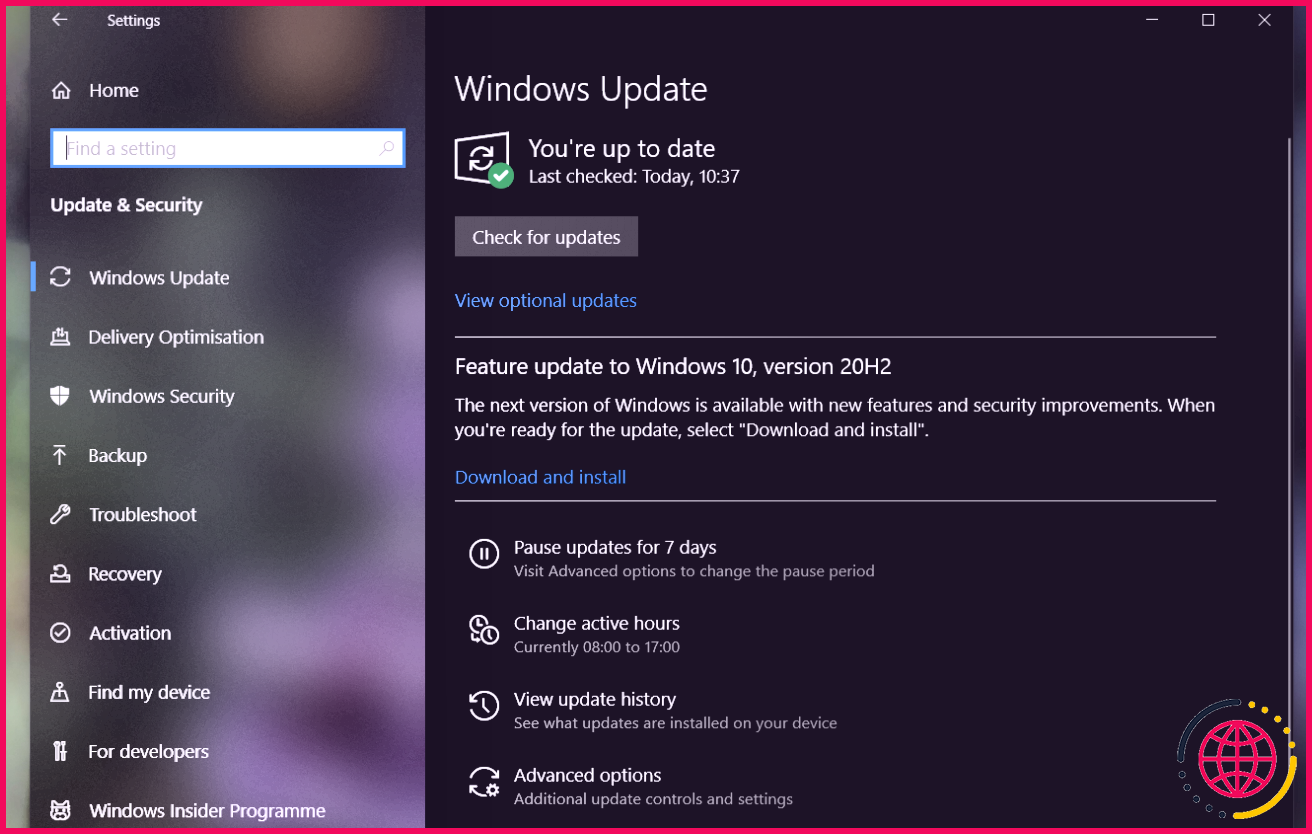 Menu Windows Update dans Windows 10
