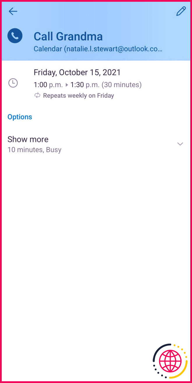 Outlook pour Android affichage d'un événement de tâche