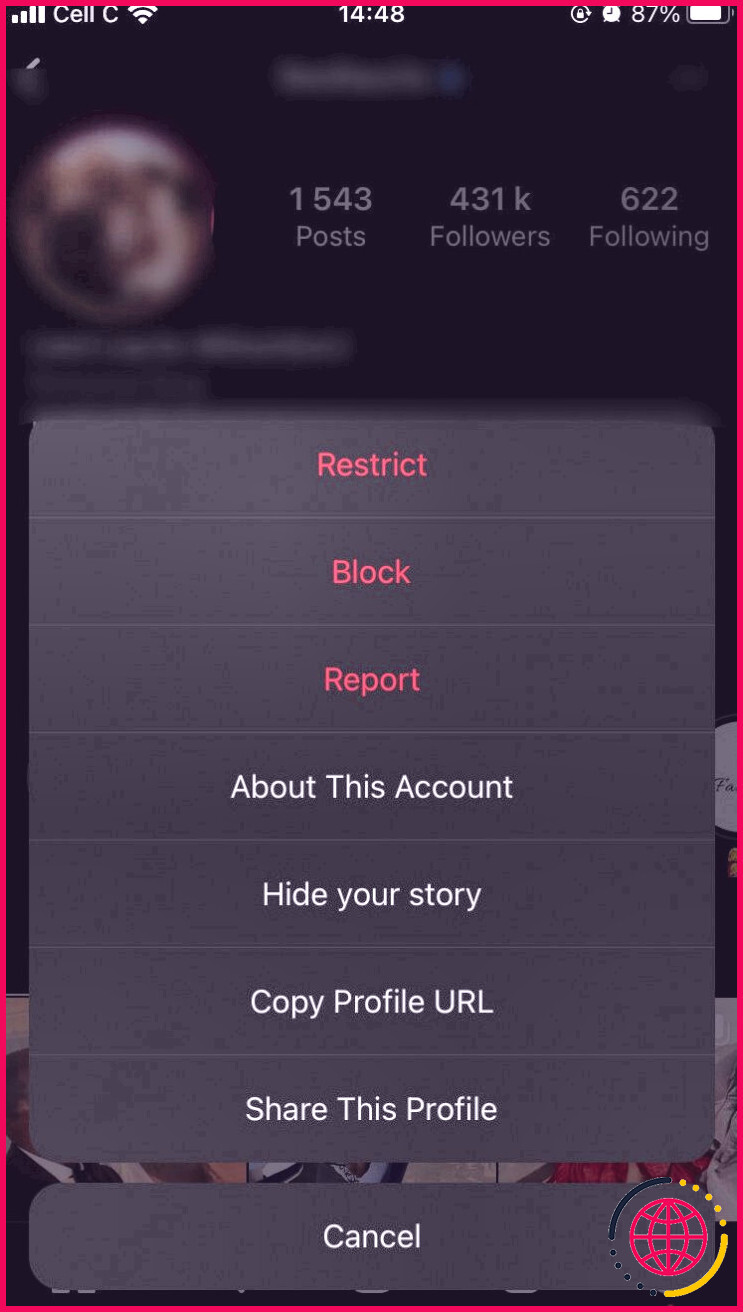 capture d'écran des options du menu du profil du créateur sur instagram