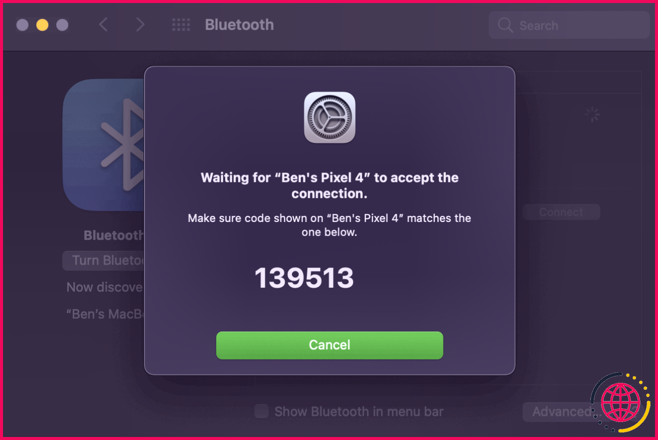 Code de confirmation Bluetooth macOS