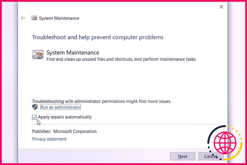 Exécution de l'utilitaire de résolution des problèmes de maintenance du système sous Windows