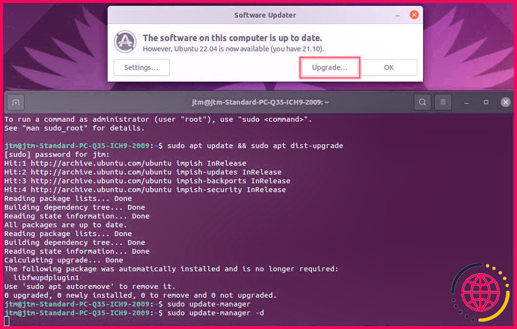 Invite de mise à niveau d'Ubuntu 22.04