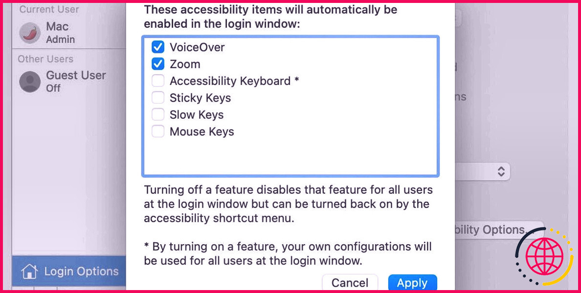 Options de connexion d'accessibilité Mac