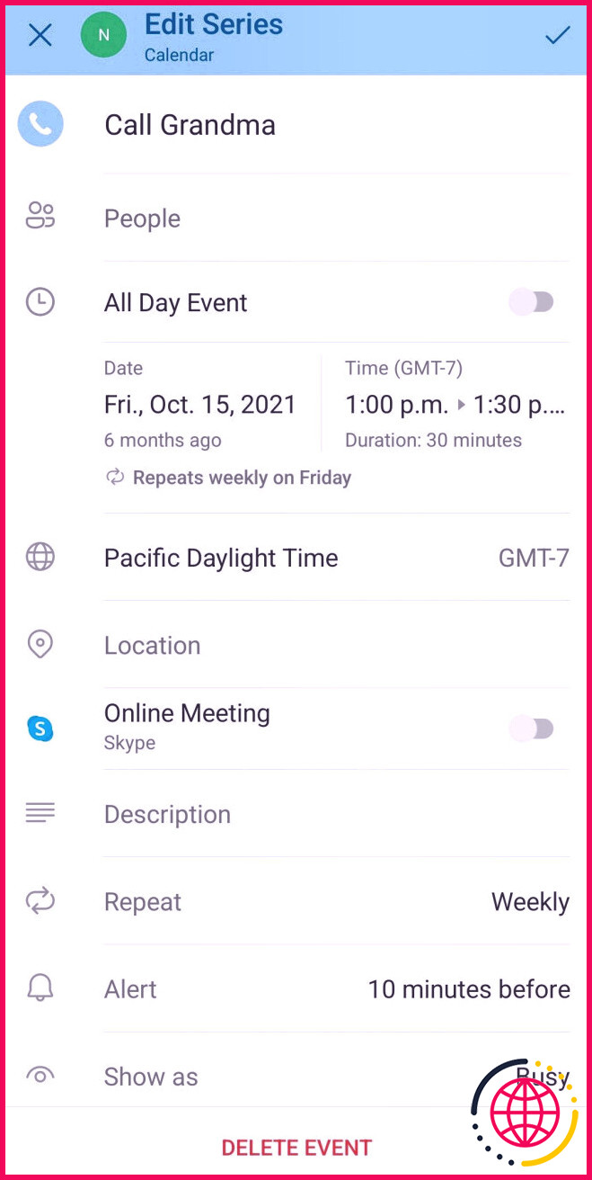 Outlook pour Android affichant les options de modification d'un événement de tâche