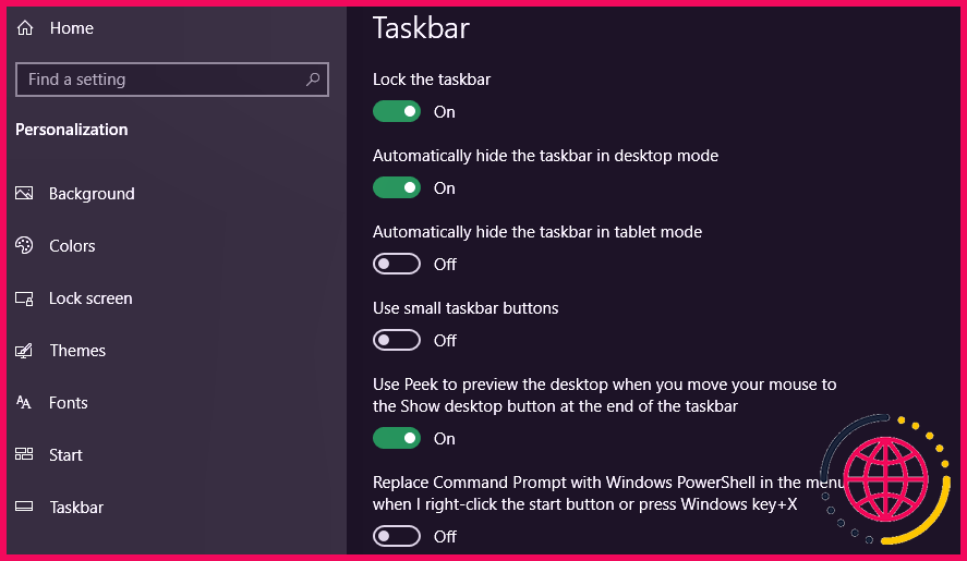 Paramètres de la barre des tâches de Windows 10