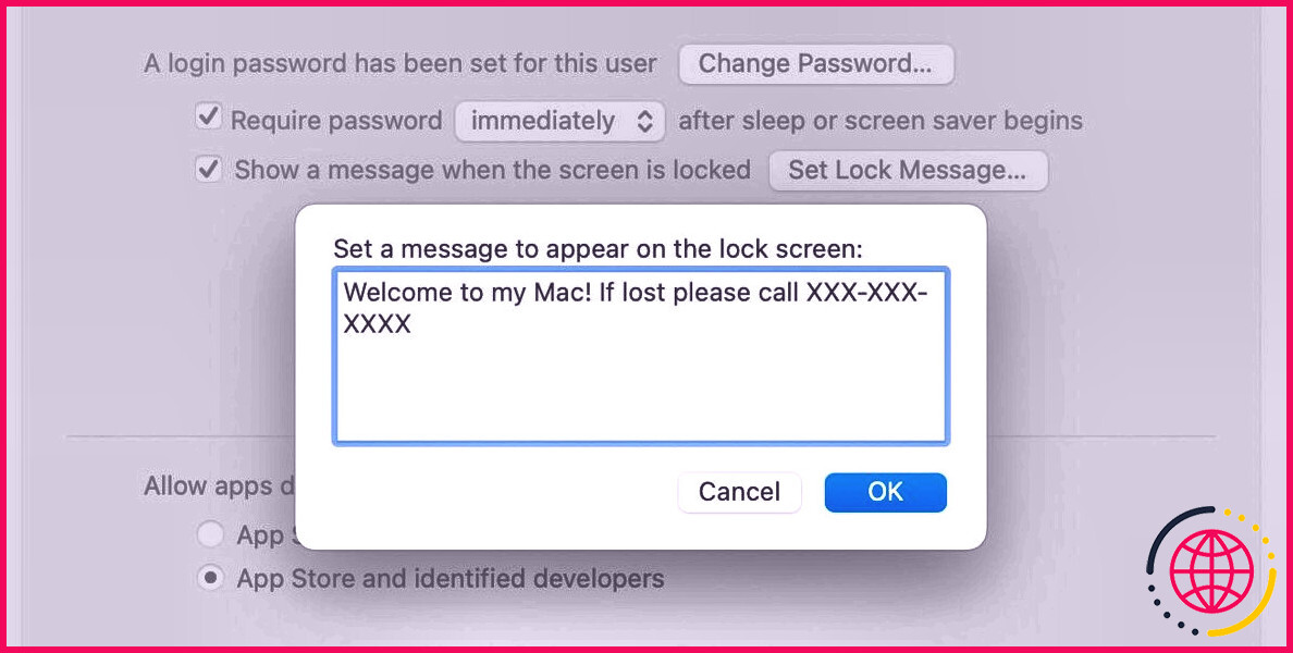 Mac ajouter un écran de message de verrouillage